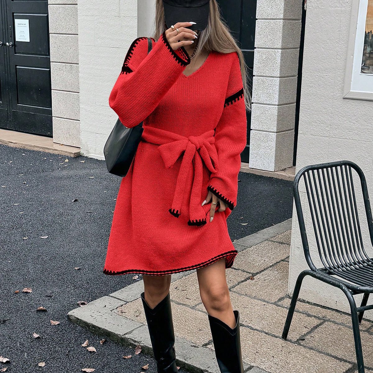 Idle Tie Waist Trimming Loose Knitted V-Neck Long Sleeve Fall Midi Dress