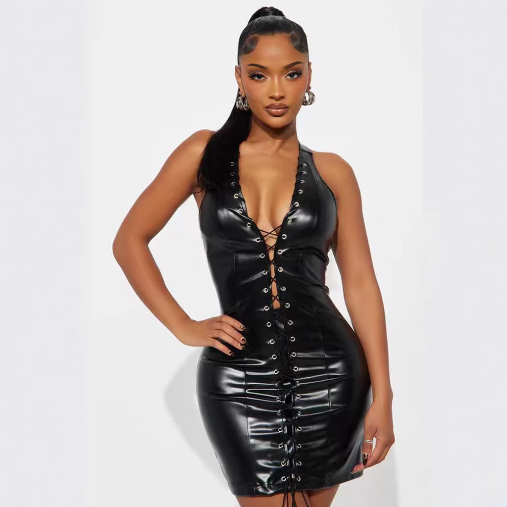 Halter Faux Leather Dress Front Strap Sheath Mini Dress Night Club