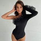 Women's One Shoulder Mesh Long Sleeve Bodysuit Top