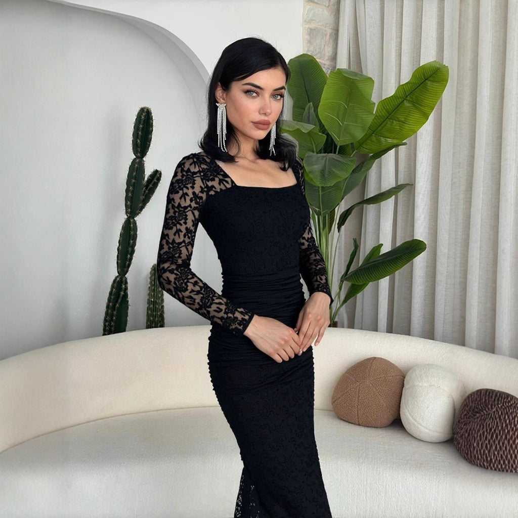 Autumn Winter Fashionable Elegant Lace Stitching Square Collar Slim Fit Pl