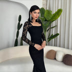 Autumn Winter Fashionable Elegant Lace Stitching Square Collar Slim Fit Pl
