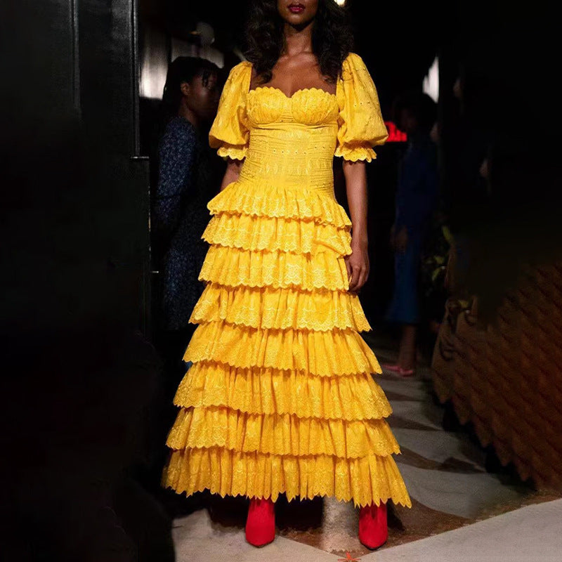 Puff Sleeve Ruffled Tiered Maxi Dress