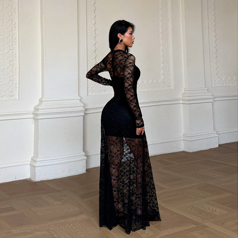 Women's See Through Lace Half High Collar Long Sleeves Dress