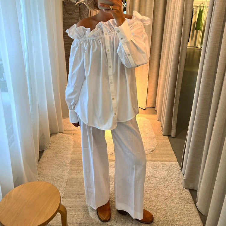 Ruffled off Shoulder Cardigan White Shirt Loose
