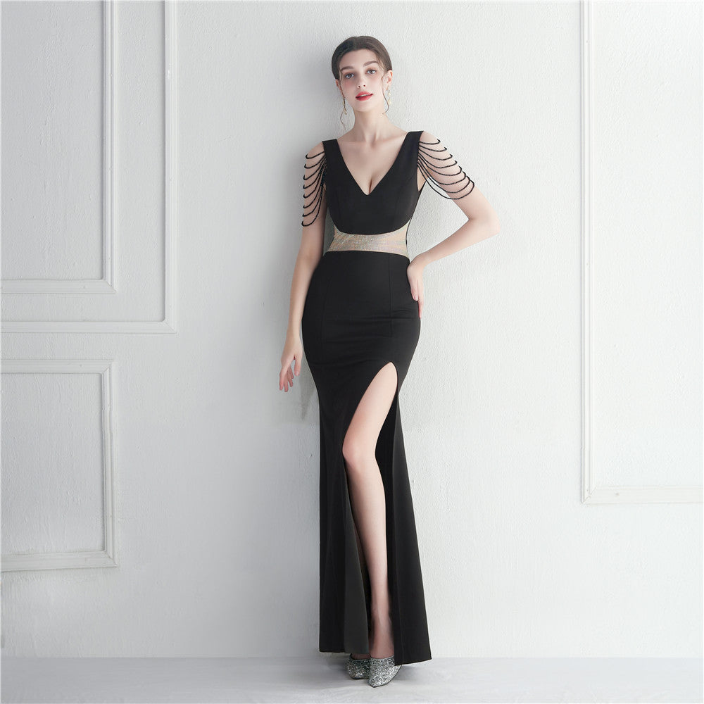 Women's Rhinestone Beaded V-Neck Slit Evening Maxi Dress