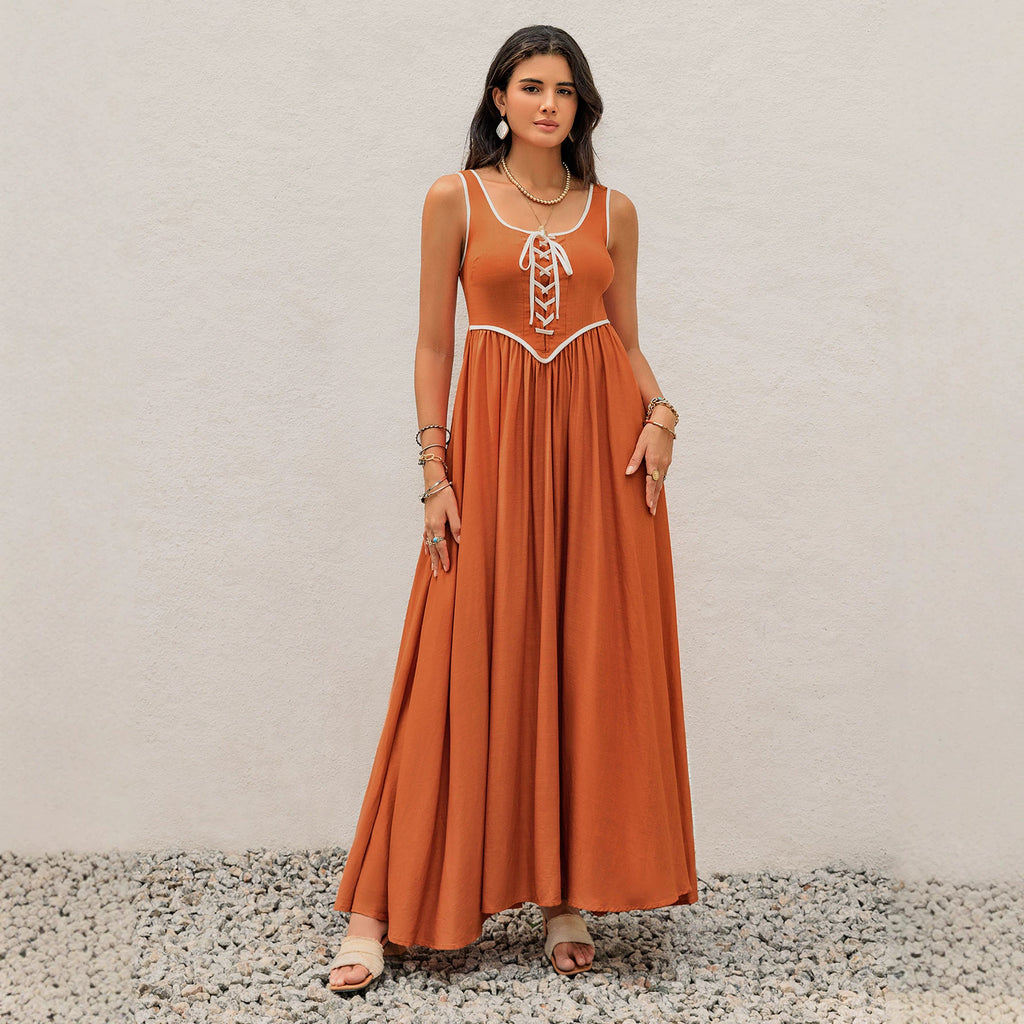 Vacation Dress Lace Stitching V neck Tassel Lace Beach Dress