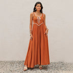 Vacation Dress Lace Stitching V neck Tassel Lace Beach Dress