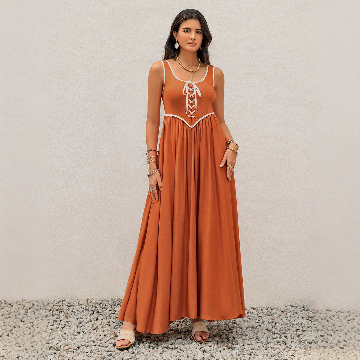 Vacation Dress Lace Stitching V neck Tassel Lace Beach Dress