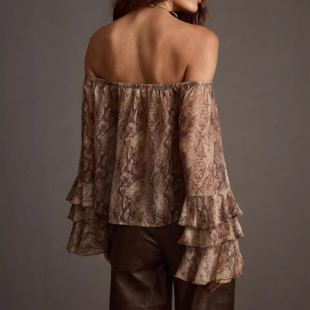 Women's Spring Summer Women Casual Printed Off Shoulder Chiffon Top