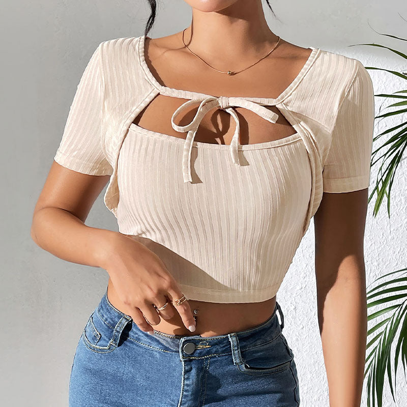 Women's Hollow Out Cutout Solid Color False Two Piece Set Top