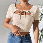 Women's Hollow Out Cutout Solid Color False Two Piece Set Top