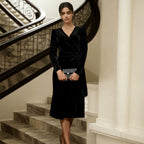 Women's Velvet V-Neck Pleated Wrap Midi Dress