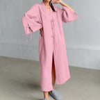 Autumn Pink Cotton Cardigan Lace up Nightgown Loose Comfortable Long Sleeve Long Women Homewear