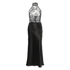 Sexy Women Backless Black Lace See through Halterneck Vest Satin High Waist Skirt Two Piece Set