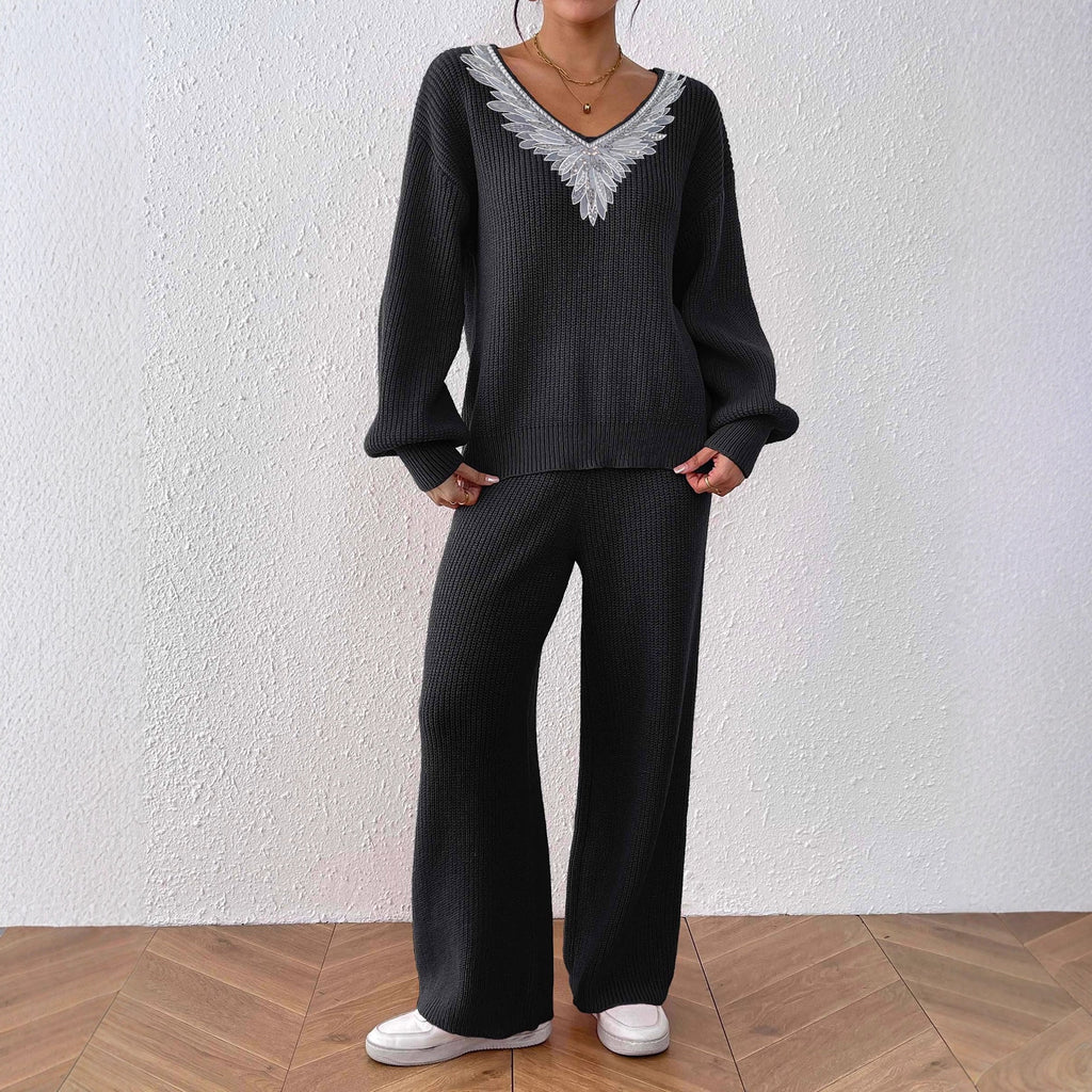 Women Simple Casual Wool V neck Loose Top Solid Color Wide Leg Straight Pants Two Piece Sweater