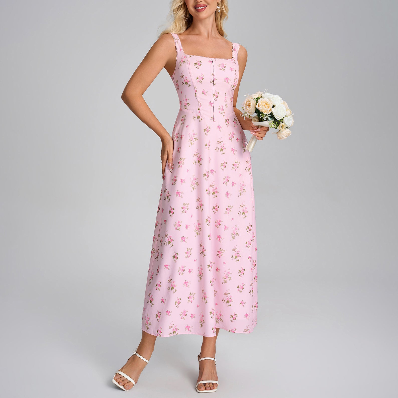 Women's Printed Square-Neck Lace-Up Vacation Dress