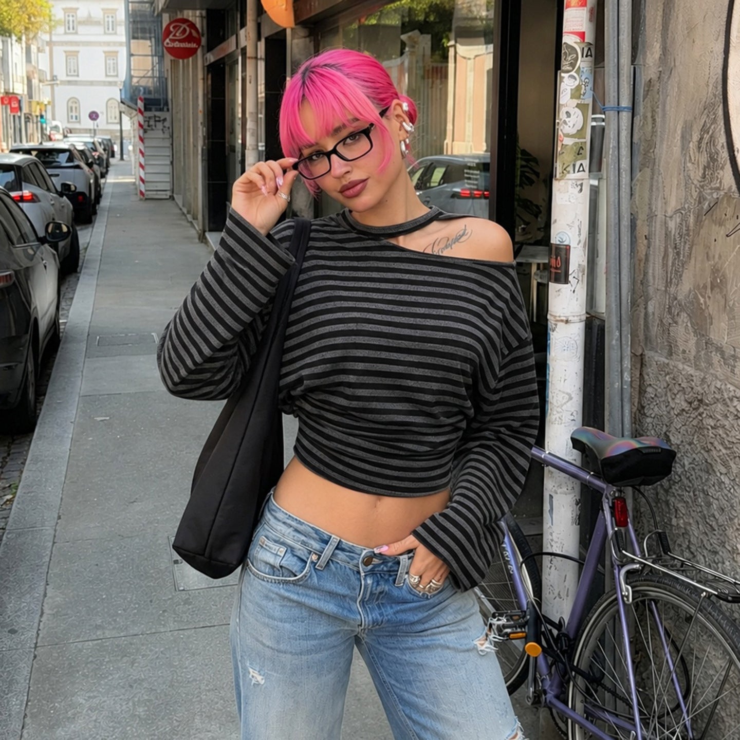 Striped Street off the Shoulder Casual Long Sleeve T shirt