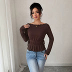 Women's Autumn Winter Elegant Texture Off Shoulder Top Women Waist Tight Slimming Flounce Long Sleeve T Shirt