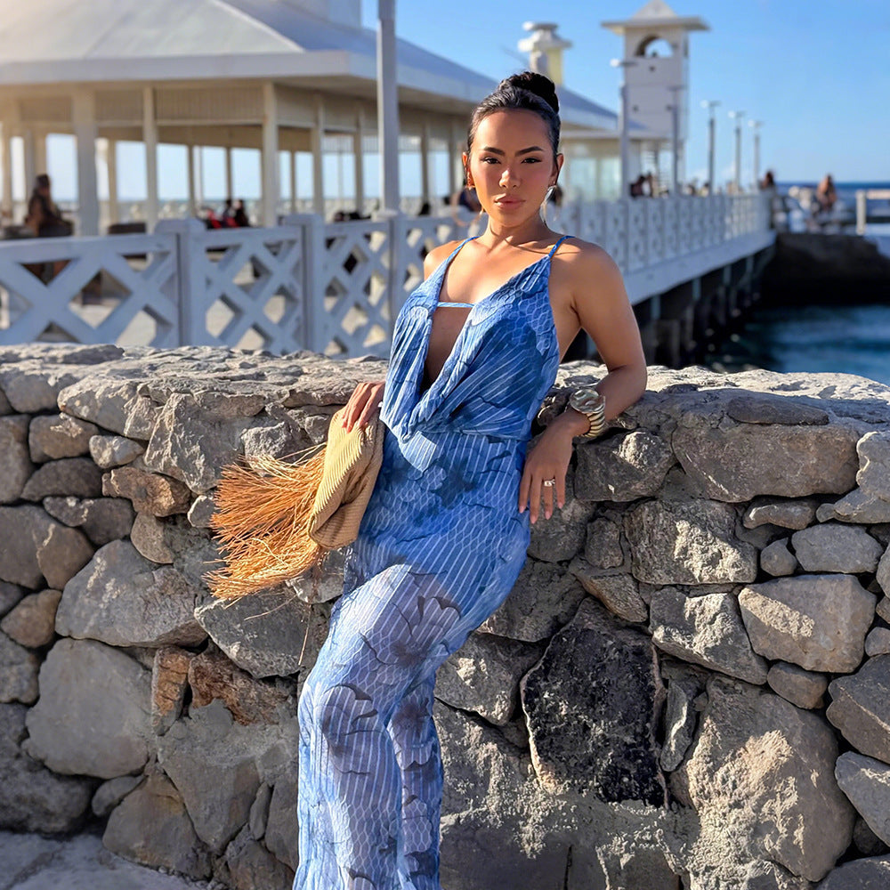 Deep V-Neck Plunge Strap Printed Maxi Dress