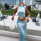Women's Summer Printed Satin Halter Backless Top Skirt Two Piece Set