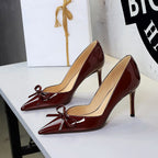 Pointed High Heel Shoes Low Cut Patent Leather Shoes Stiletto Heel Bow