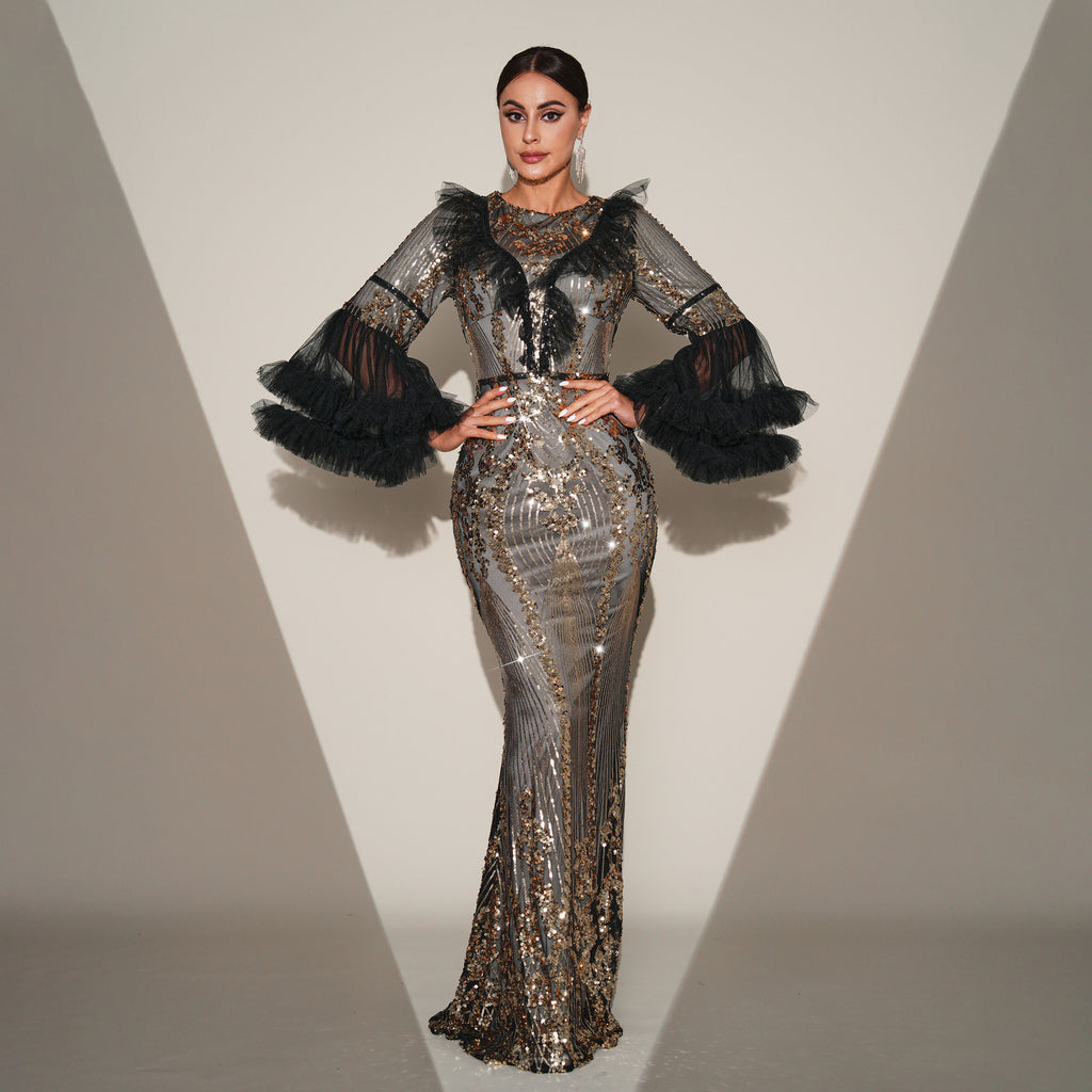 Women's Crew-Neck Sequin Fishtail Maxi Evening Dress