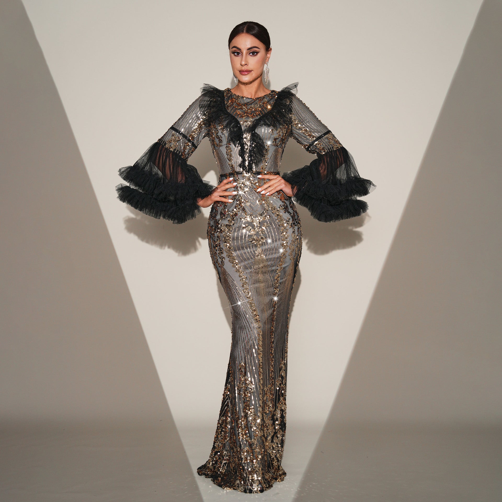 Women's Crew-Neck Sequin Fishtail Maxi Evening Dress