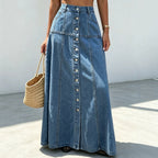 Women's Button-front Denim A-Line Maxi Skirt