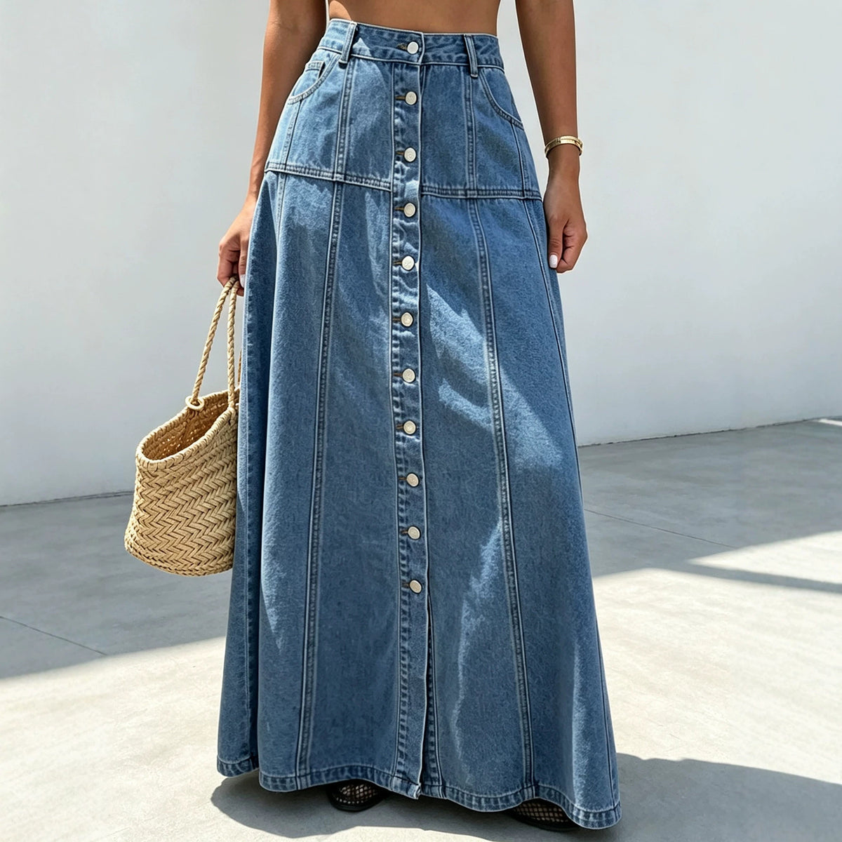 Women's Button-front Denim A-Line Maxi Skirt