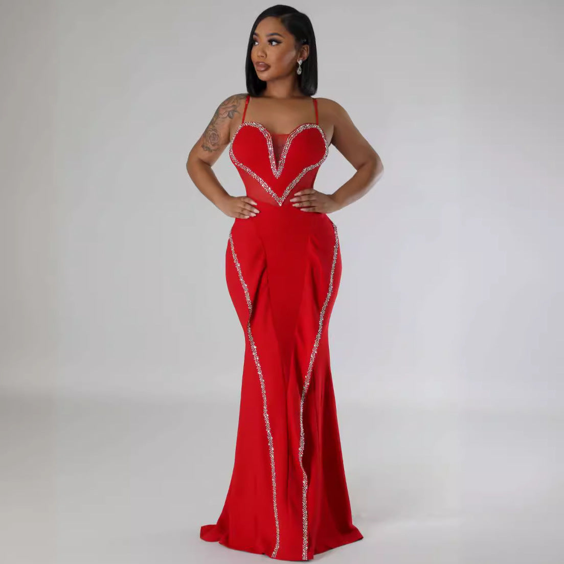 Women's Rhinestone Sheer Mesh Lace Dress