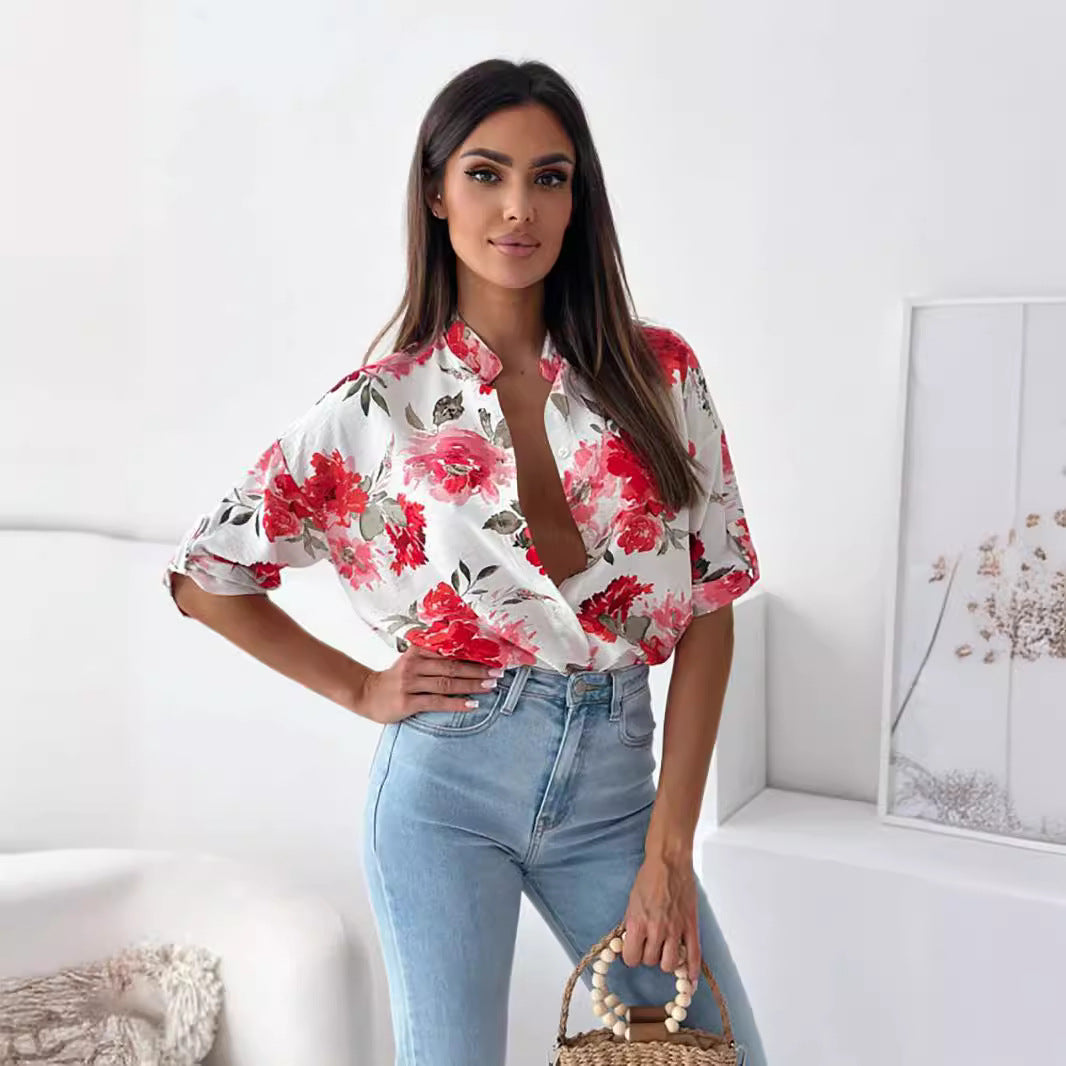 Women's Clothing Printed Single-Breasted Half Sleeve Shirt Top