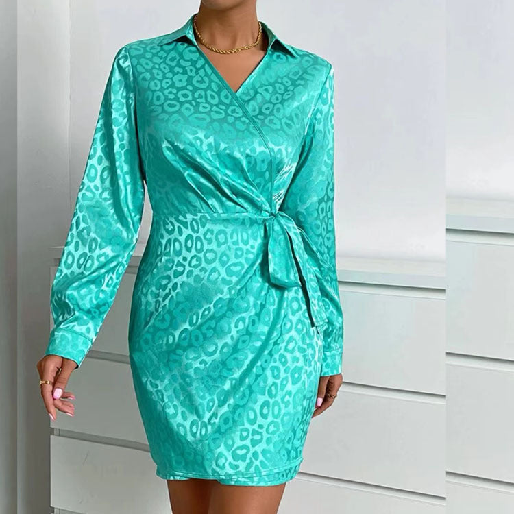 Dress Popular Elegant Leopard Print Collar Long-Sleeve Mid Waist