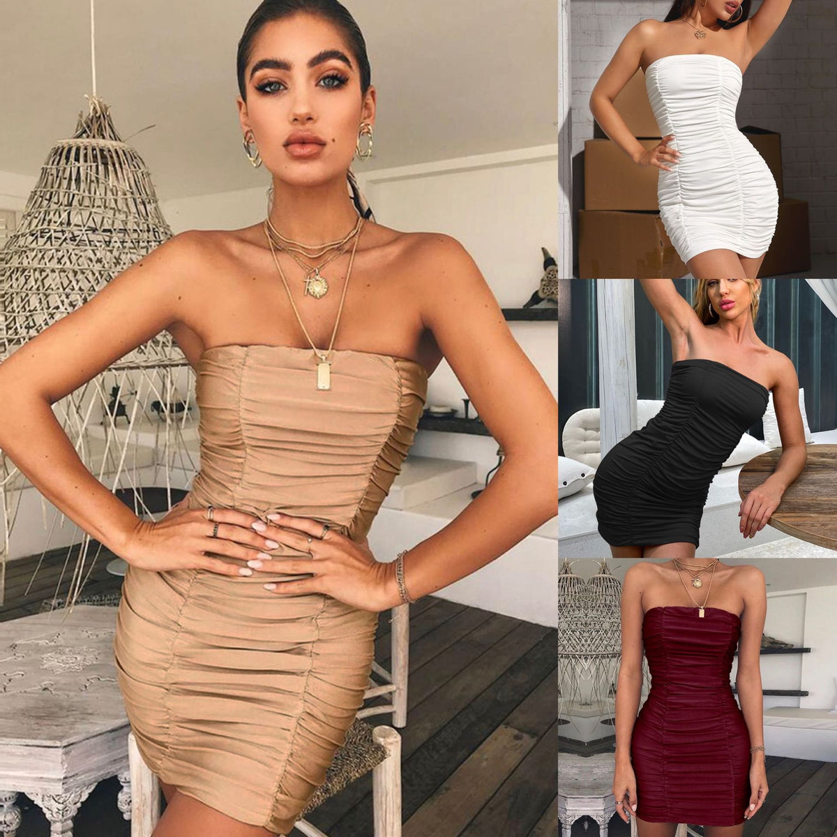 Spring Summer Tube Top Nightclub Ruffle Hip Dress
