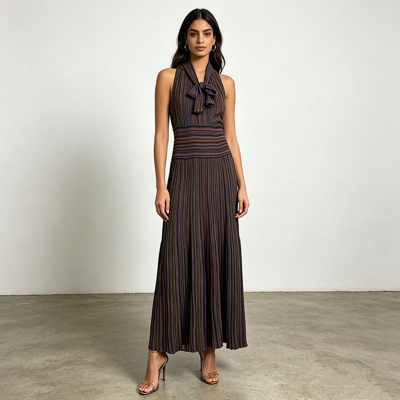 Women's Retro Striped Halter Maxi Dress