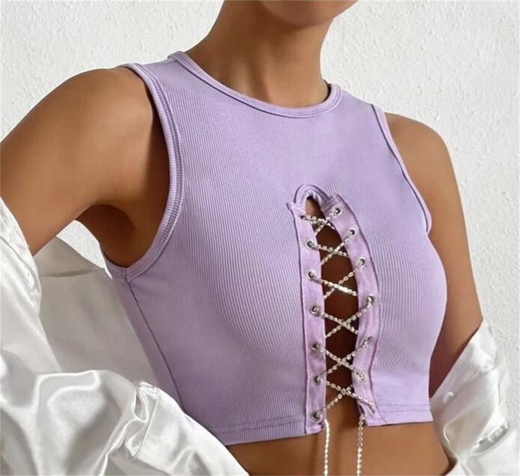 's Rib Cropped Vest Crew Neck Hollow Out Cutout Rhinestone Lace