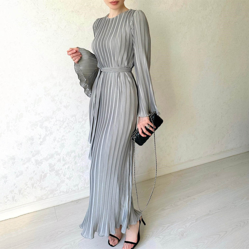 Long Casual Solid-Color Round-Neck Flared Sleeves Pleated Dress
