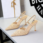 French Ladies Stiletto Heel High Heels Women Sexy High Grade Lace Mesh Pointed Toe Buckle