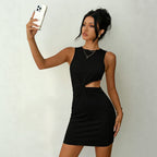 Black sleeveless mini dress with twisted knot-front cutout at waist.