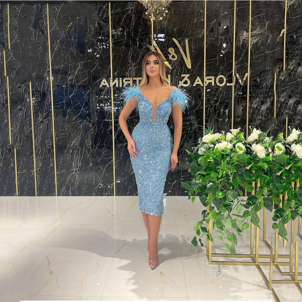 Women's Feather Sequin Deep V Bodycon Midi Dress