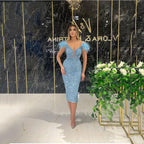 Women's Feather Sequin Deep V Bodycon Midi Dress