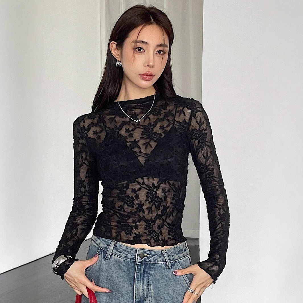 Women’s Black Sheer Lace Stand Collar Long Sleeve Top