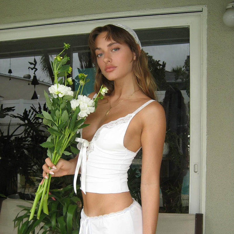 's Lace Up Cropped Exposed Sling Street V Shaped Lace Top