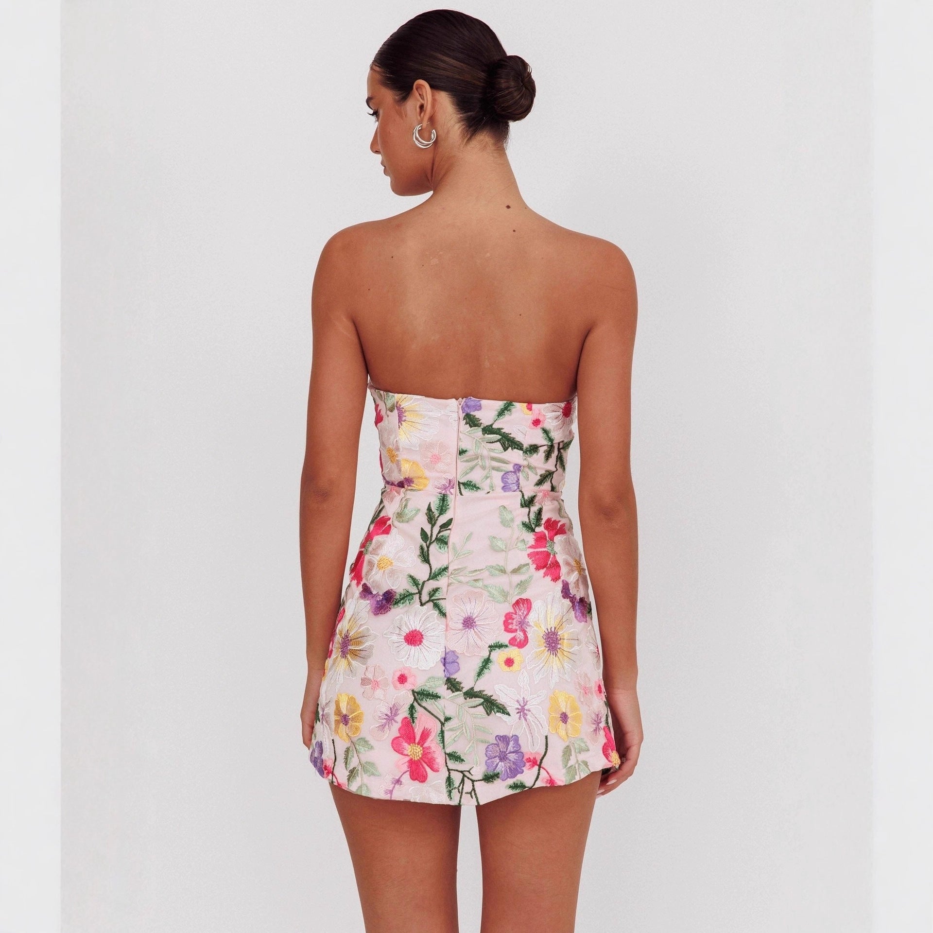 Women's Strapless Floral Embroidered Mini Dress