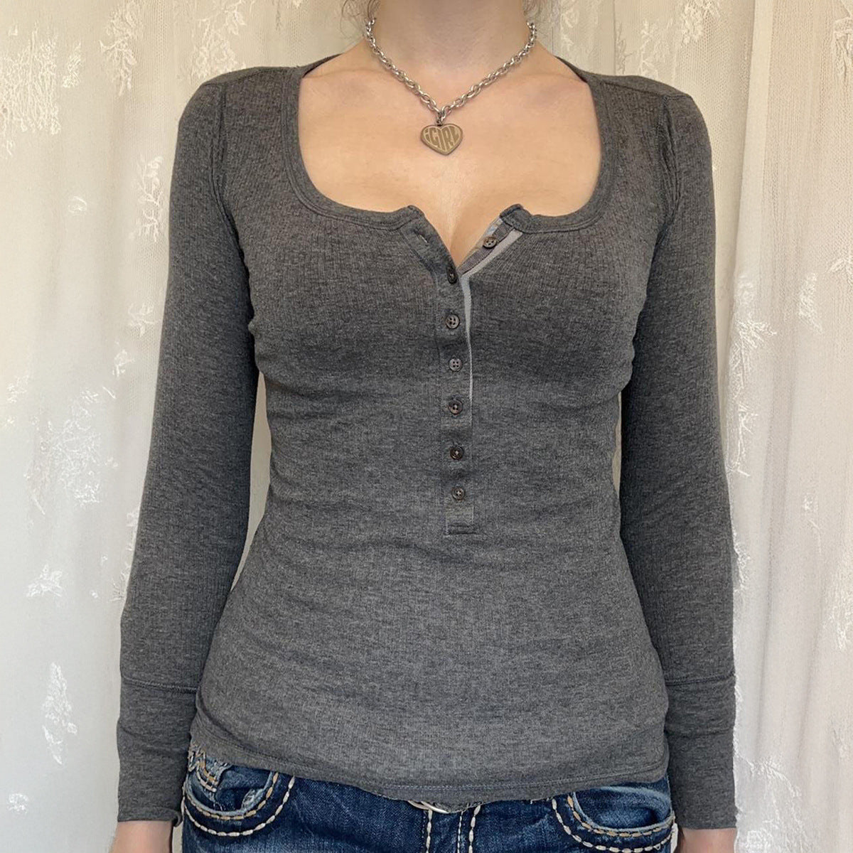 Button Front Square Neck Knit Top