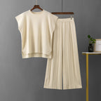 Casual Summer Solid Color Sleeveless Vest Sweater Wide Leg Pants Ice Silk Set