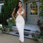 Women's Summer Black White Red Slip Halter Cut Out Waist Baring Dress Women