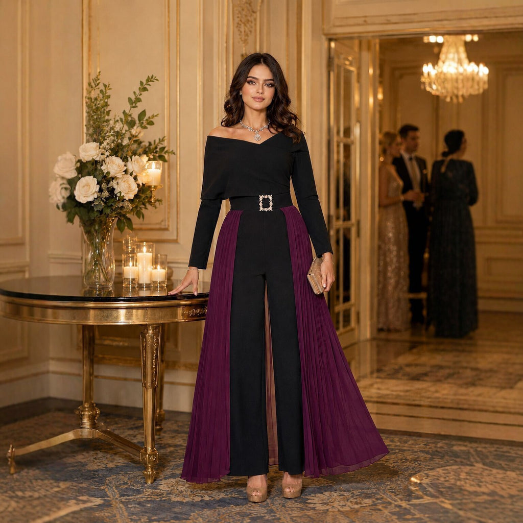 Women's Belted Color-Block Rhinestone Jumpsuit