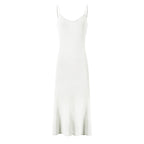 White maxi silk slip dress with thin spaghetti straps and smooth drape skirt