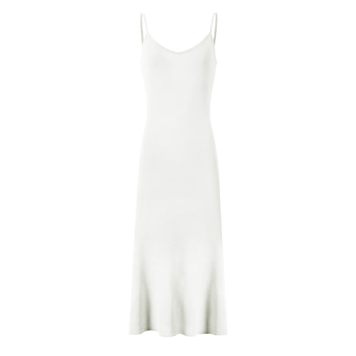 White maxi silk slip dress with thin spaghetti straps and smooth drape skirt
