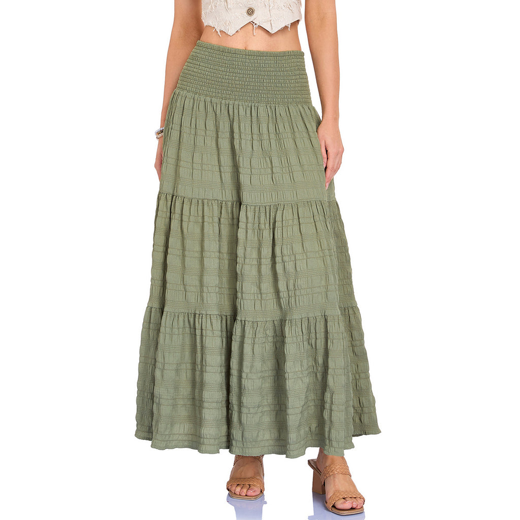 Simark Smocking High Elastic Waist Three Section Skirt